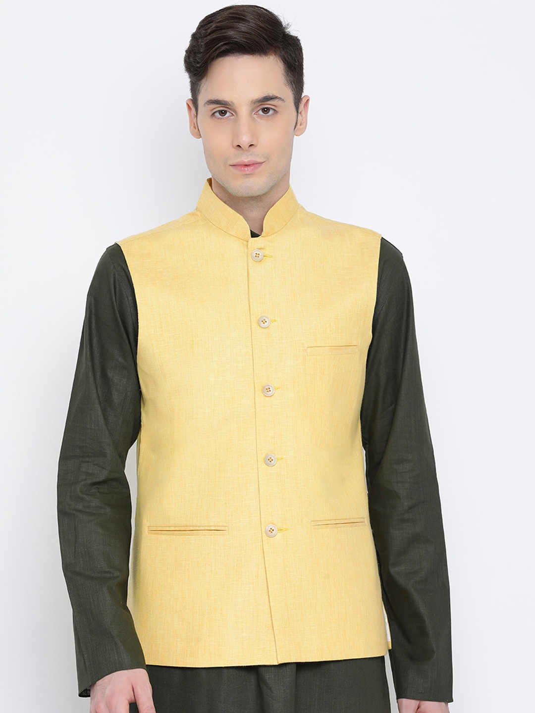 

Namaskar Men Yellow Solid Pure Cotton Nehru Jacket