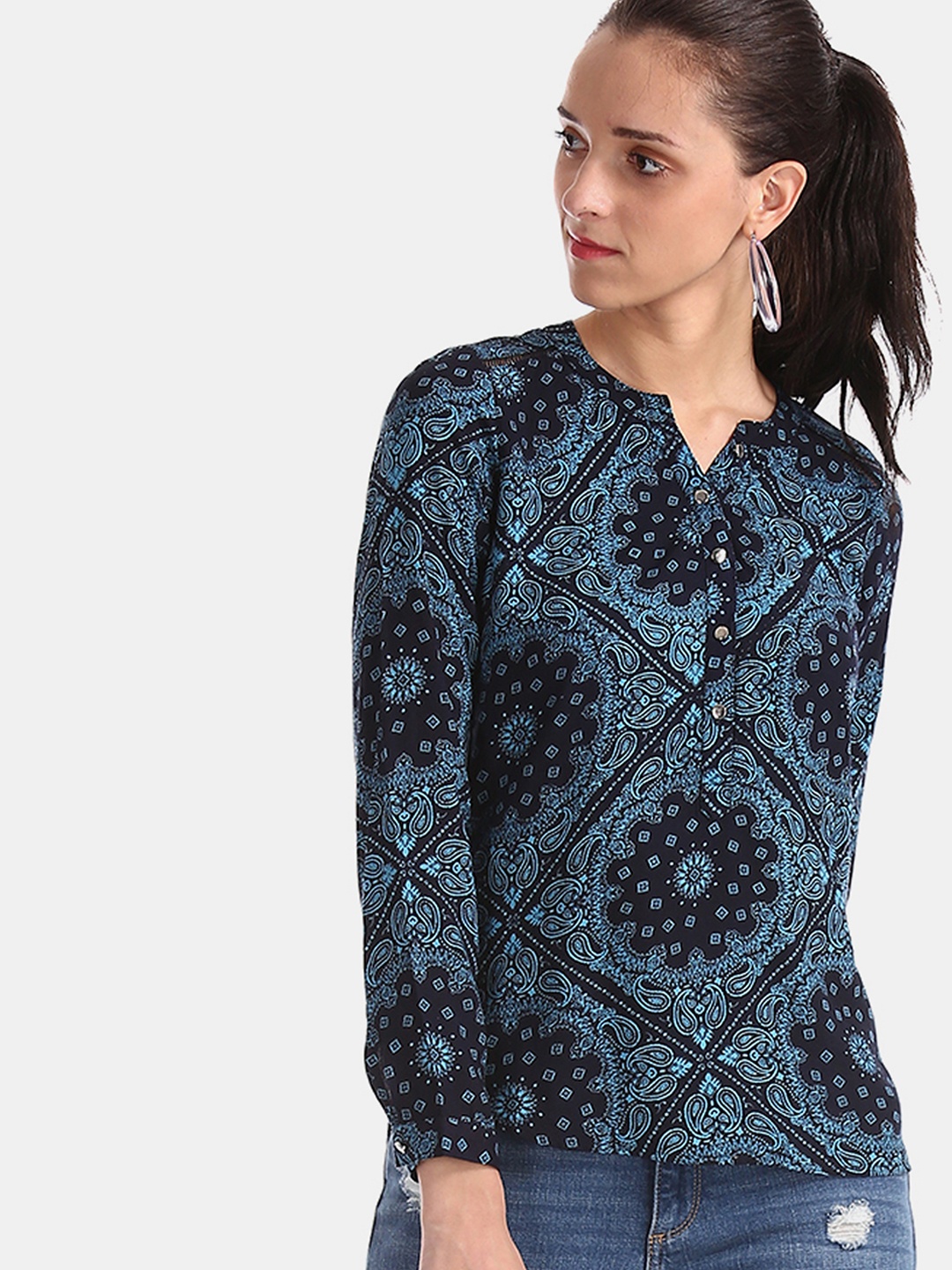 

Aeropostale Women Navy Blue Printed Shirt Style Top