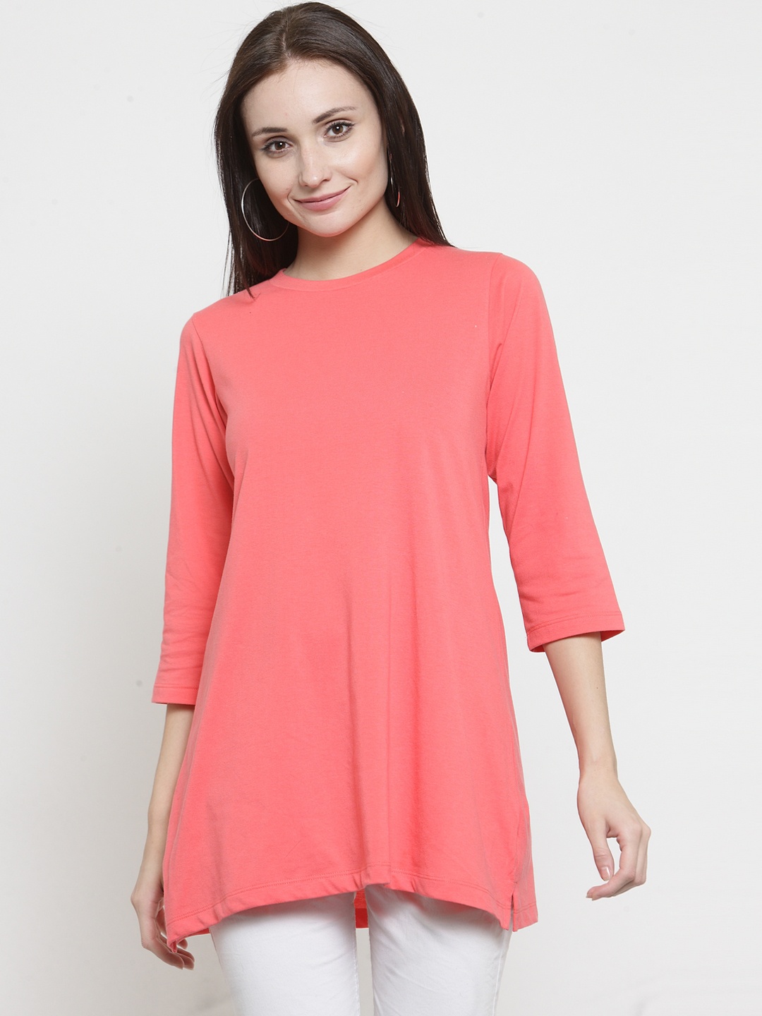 Kalt Women Peach-Coloured Solid Round Neck T-shirt