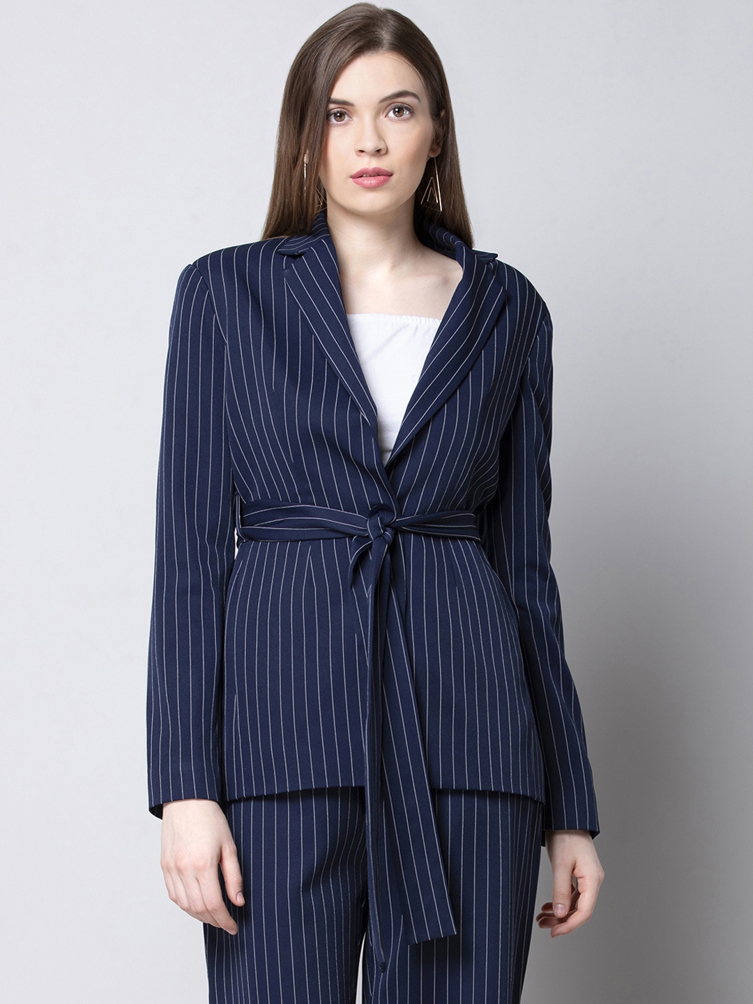 

FabAlley Women Navy Blue & White Striped Open Front Belted Tailor-Fit Blazer