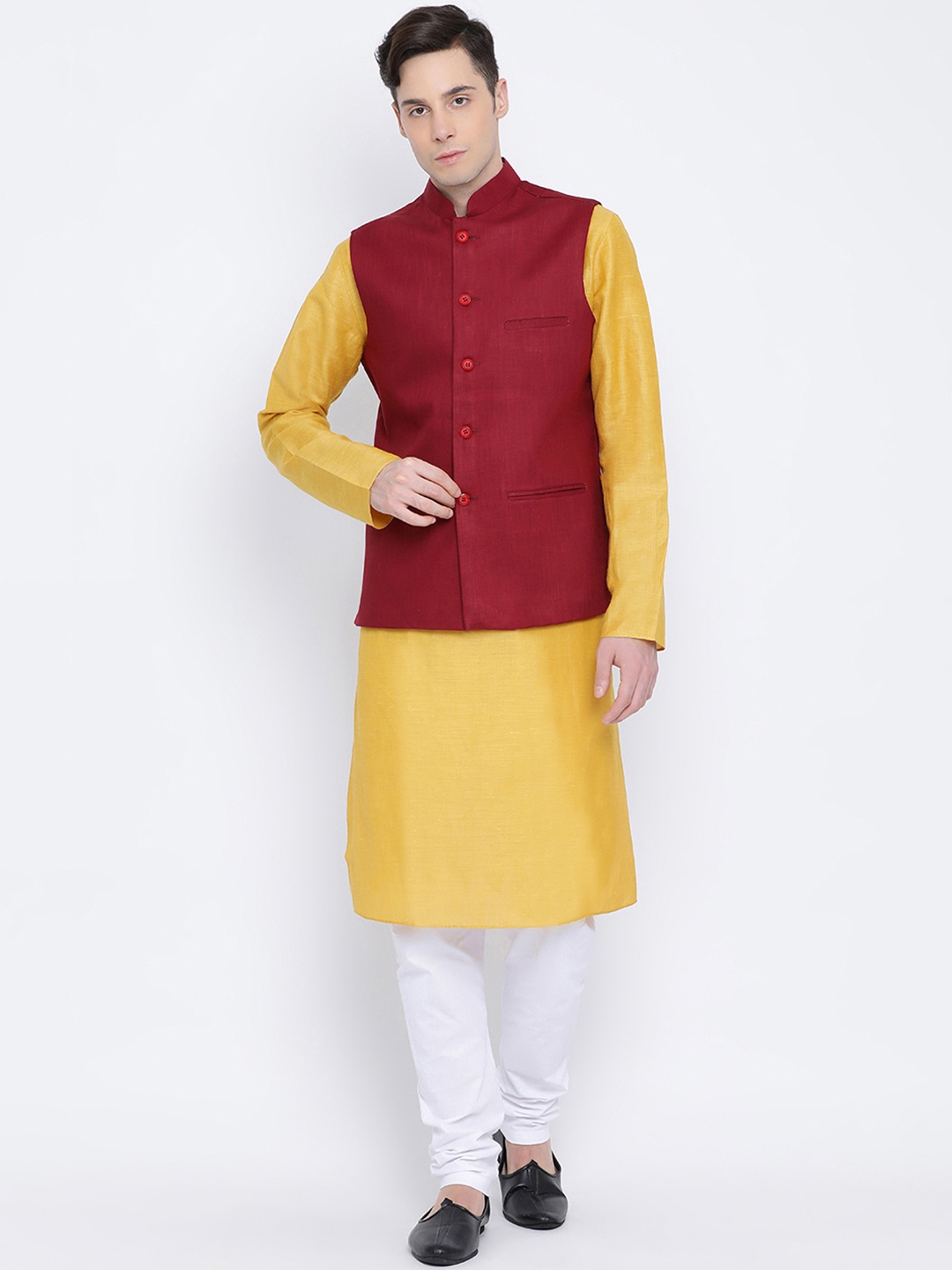 

NAMASKAR Men Maroon & Yellow Solid Kurta with Churidar