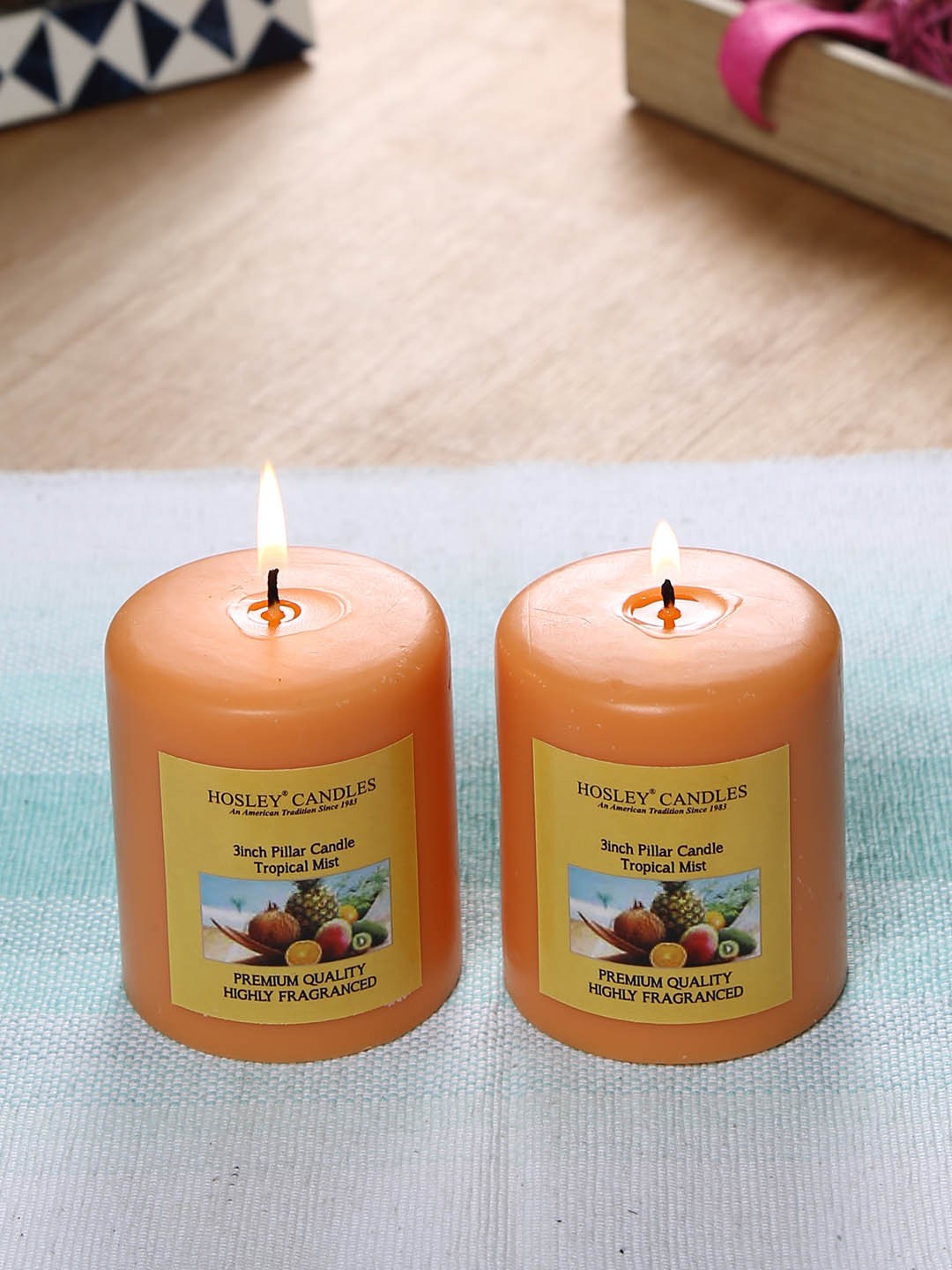 

HOSLEY Set of 2 Orange Tropical Mist Fragranced Wax Pillar Candles