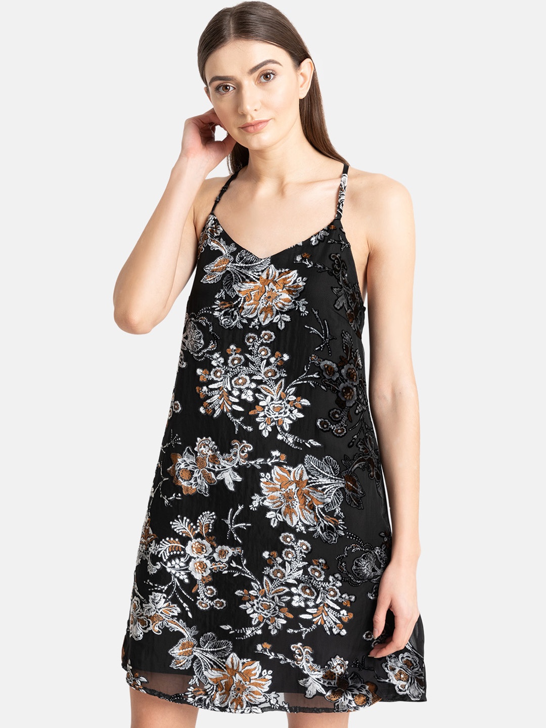 

Kazo Women Black & Grey Floral Printed A-Line Dress