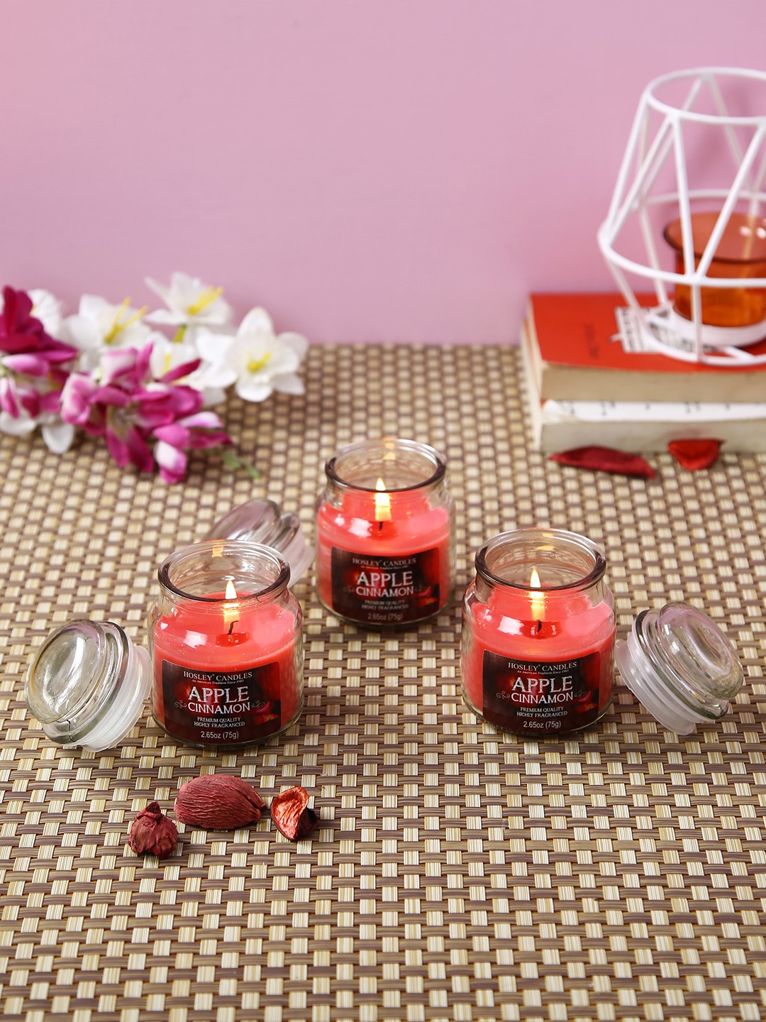 

HOSLEY Set of 3 Hosley Apple Cinnamon Scented Jar Candles, Red