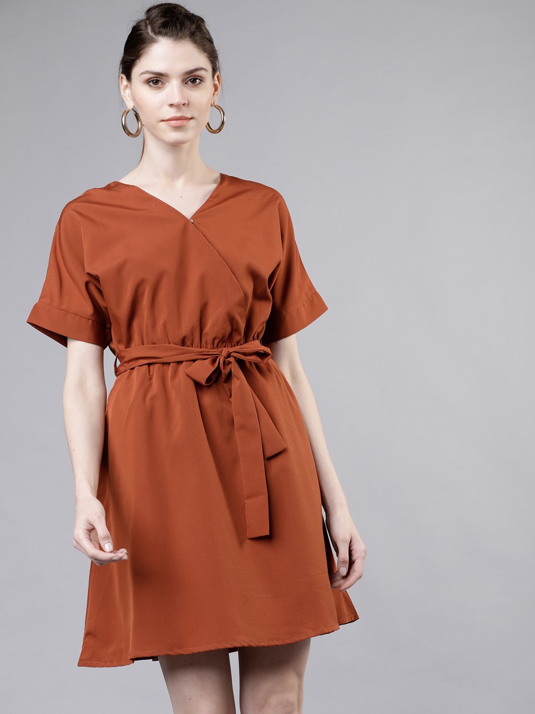 

Tokyo Talkies Women Brown Solid Blouson Dress