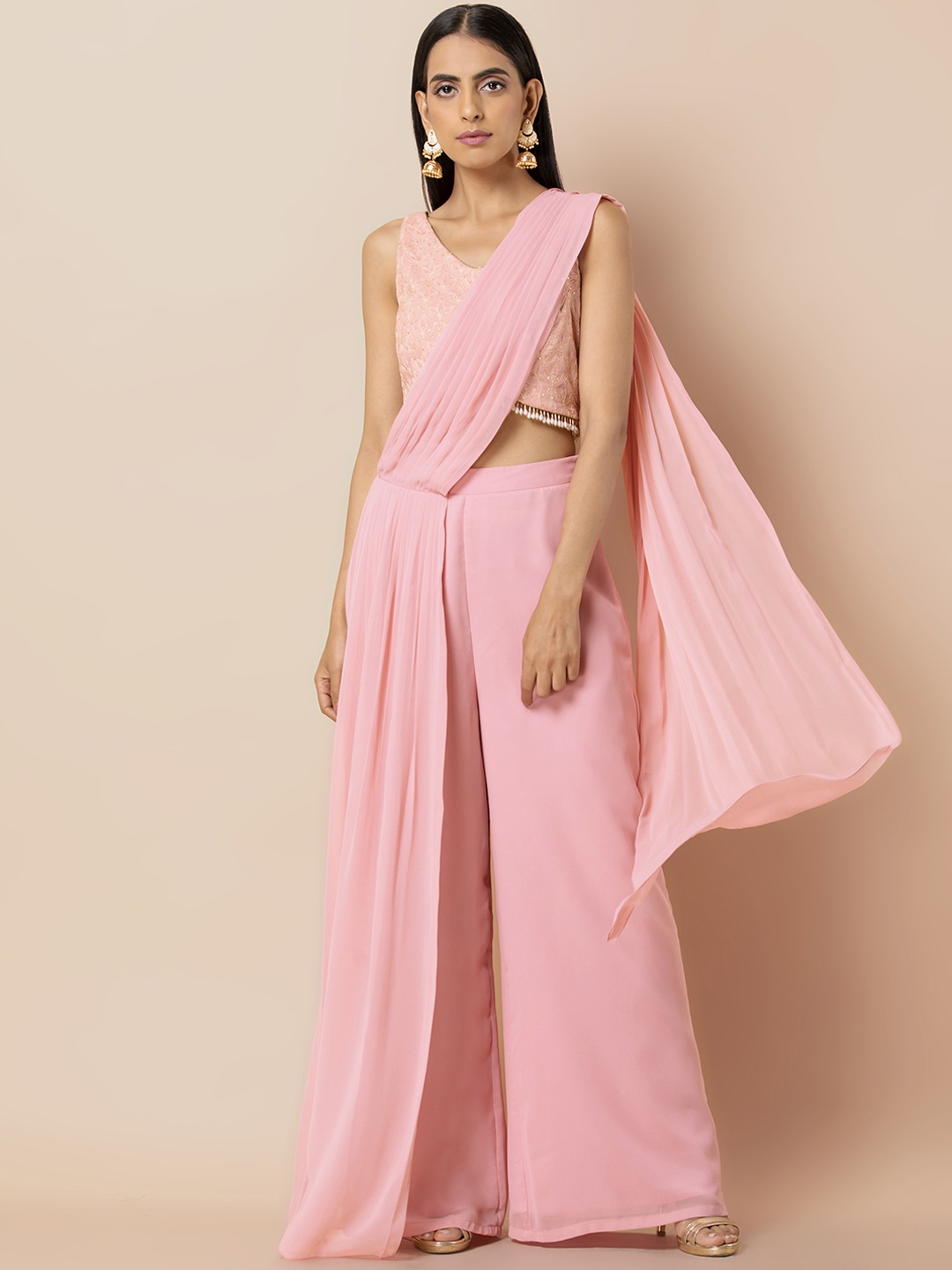 

INDYA Women Pink Palazzo Pants with Asymmetric Attached Dupatta