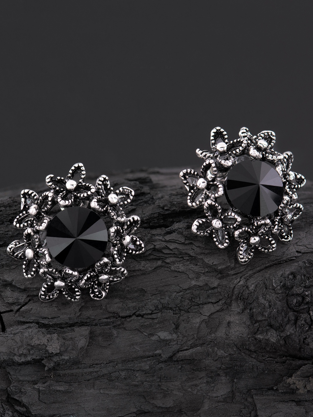 

E2O Black & Silver-Toned Circular Studs