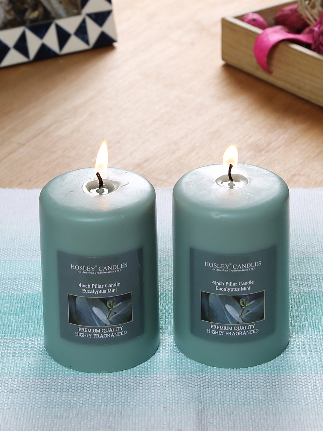 

HOSLEY Set of 2 Grey Eucalyptus Mint Fragranced Wax Pillar Candles