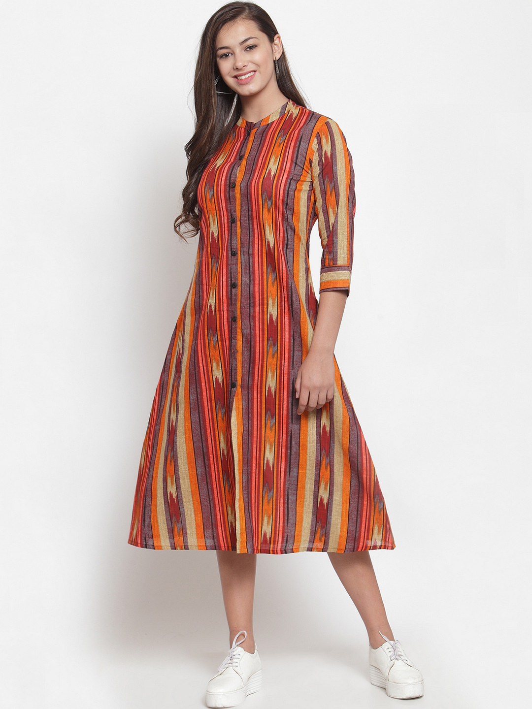 

Indibelle Women Orange Striped A-Line Dress