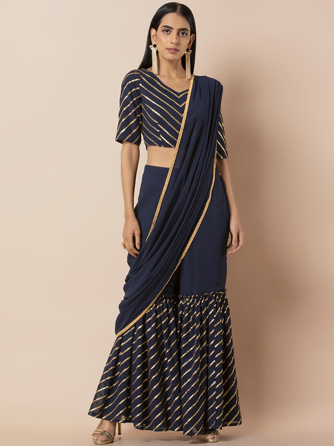 

INDYA Women Navy Sequinned Sharara Pants with Attached Dupatta, Navy blue