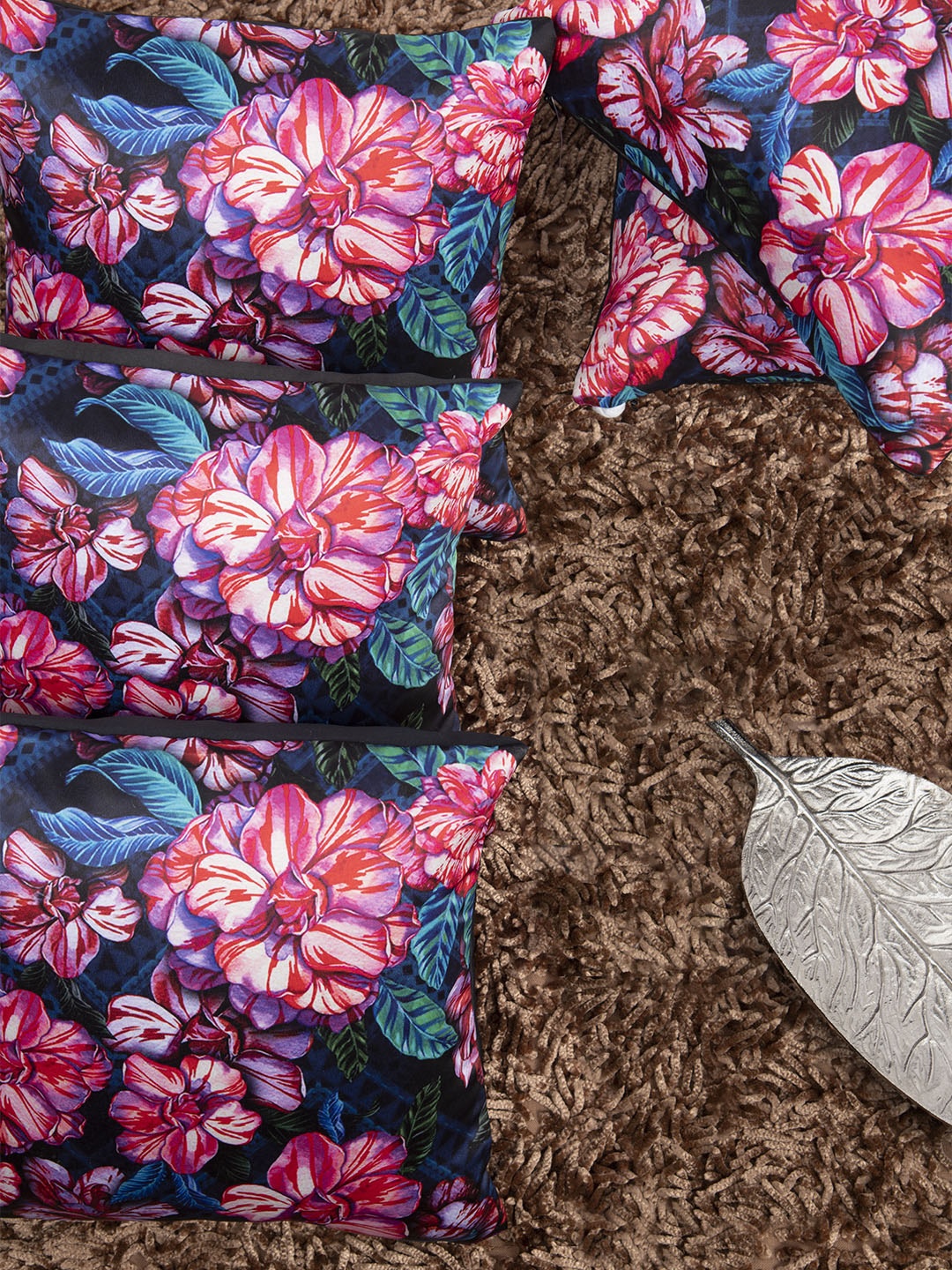 HOUZZCODE Blue & Pink Set of 5 Floral Square Cushion Covers