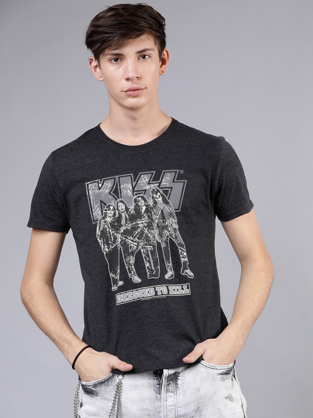 

LOCOMOTIVE Men Charcoal Grey Printed Round Neck Slim Fit T-shirt