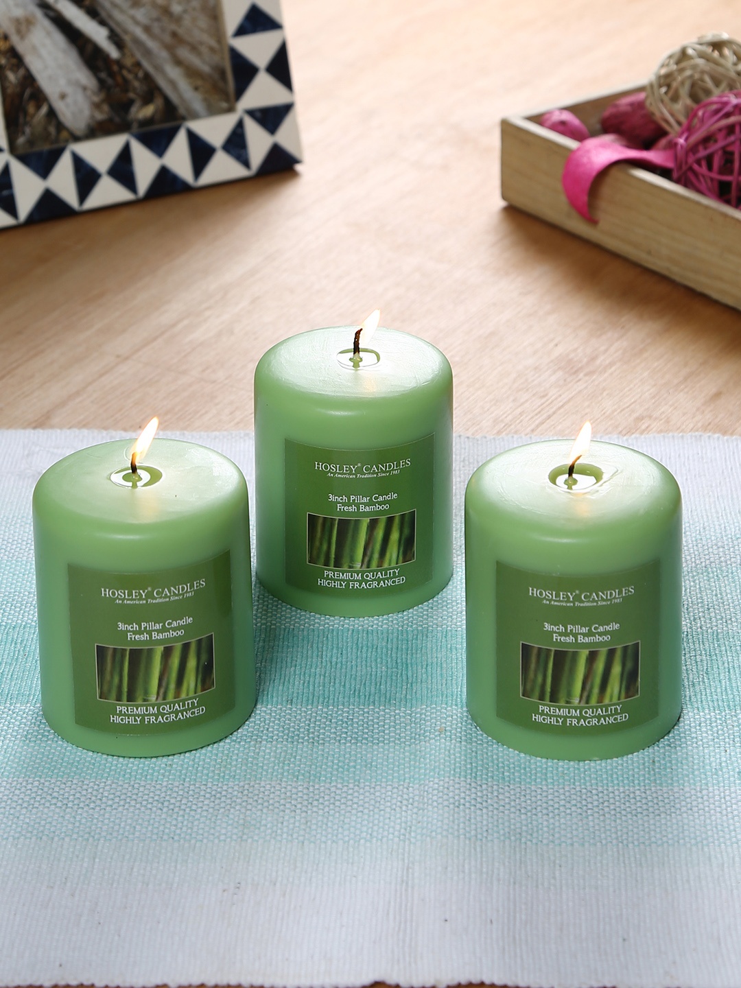 

HOSLEY Set of 3 Green Fresh Bamboo Fragranced Wax Pillar Candles