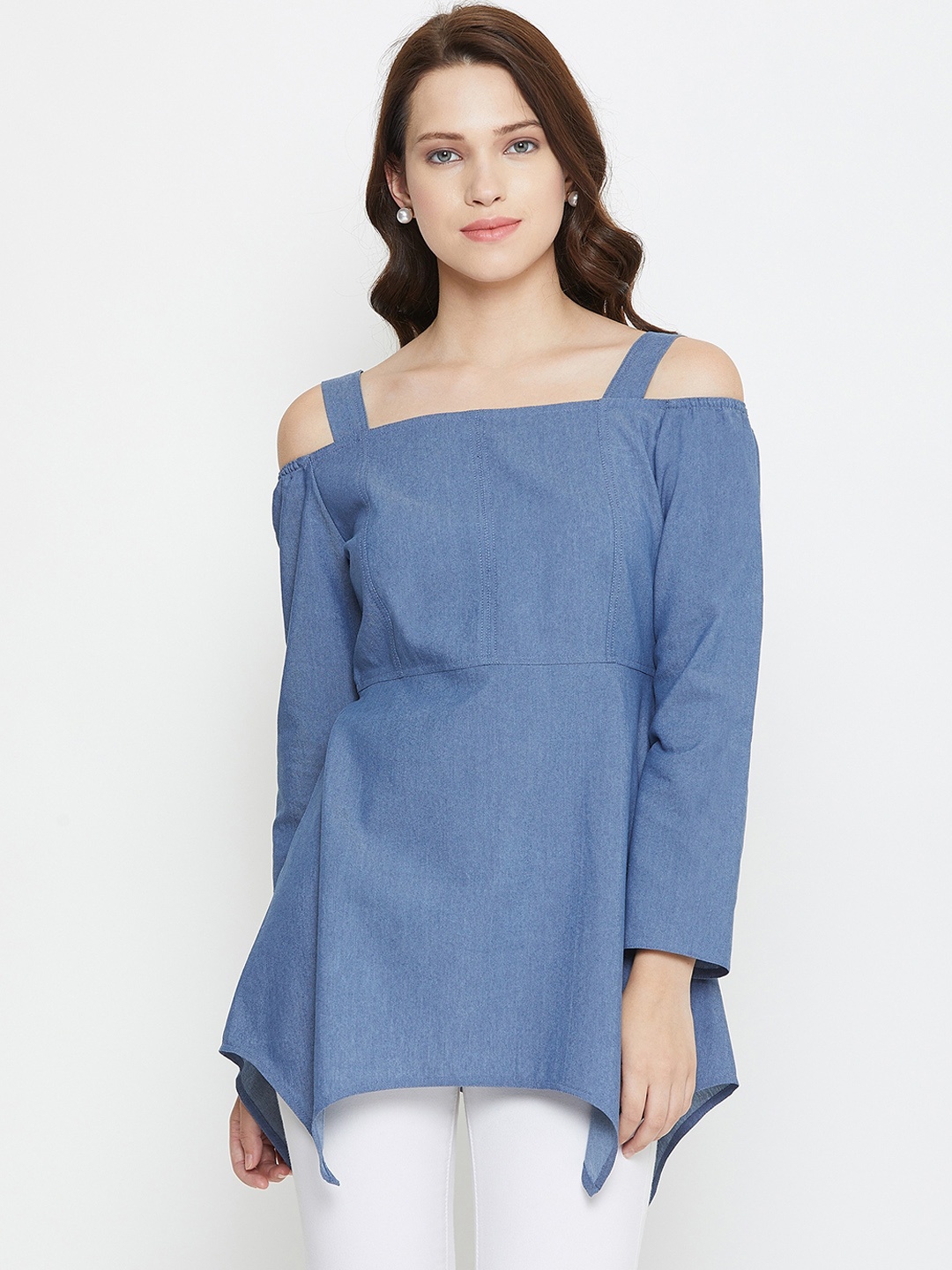 

Imfashini Women Blue Solid Denim A-Line Pure Cotton Top