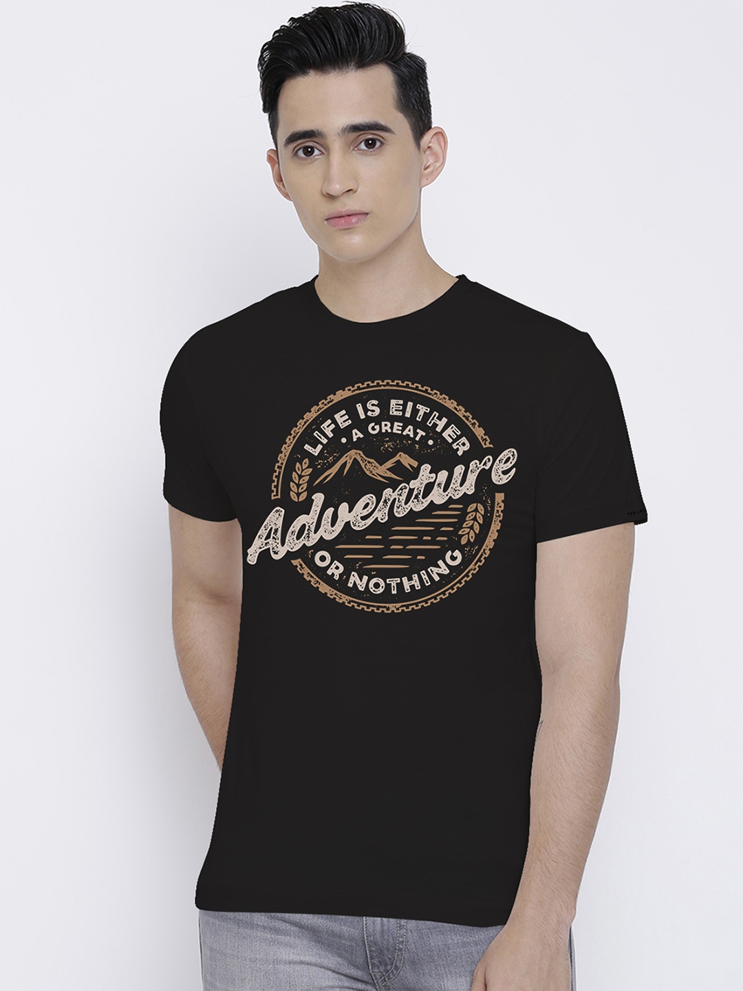 

THREADCURRY Men Black Printed Round Neck T-shirt