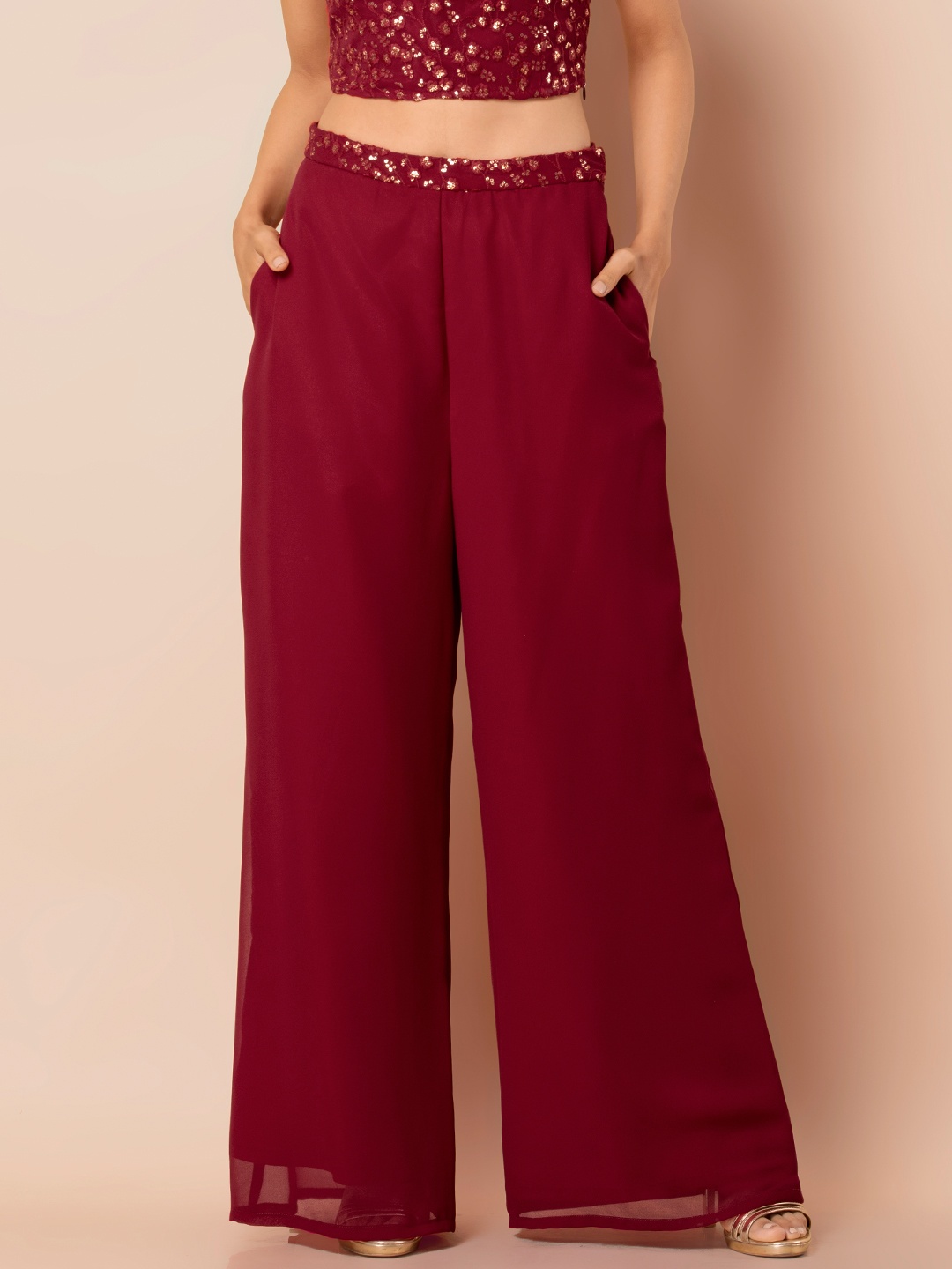 

INDYA Women Maroon Solid Straight Palazzos