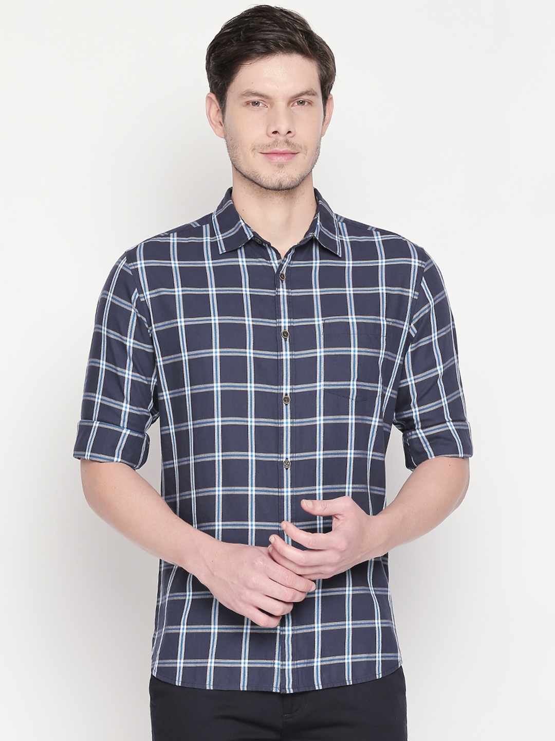 

BYFORD by Pantaloons Men Navy Blue Slim Fit Checked Casual Shirt