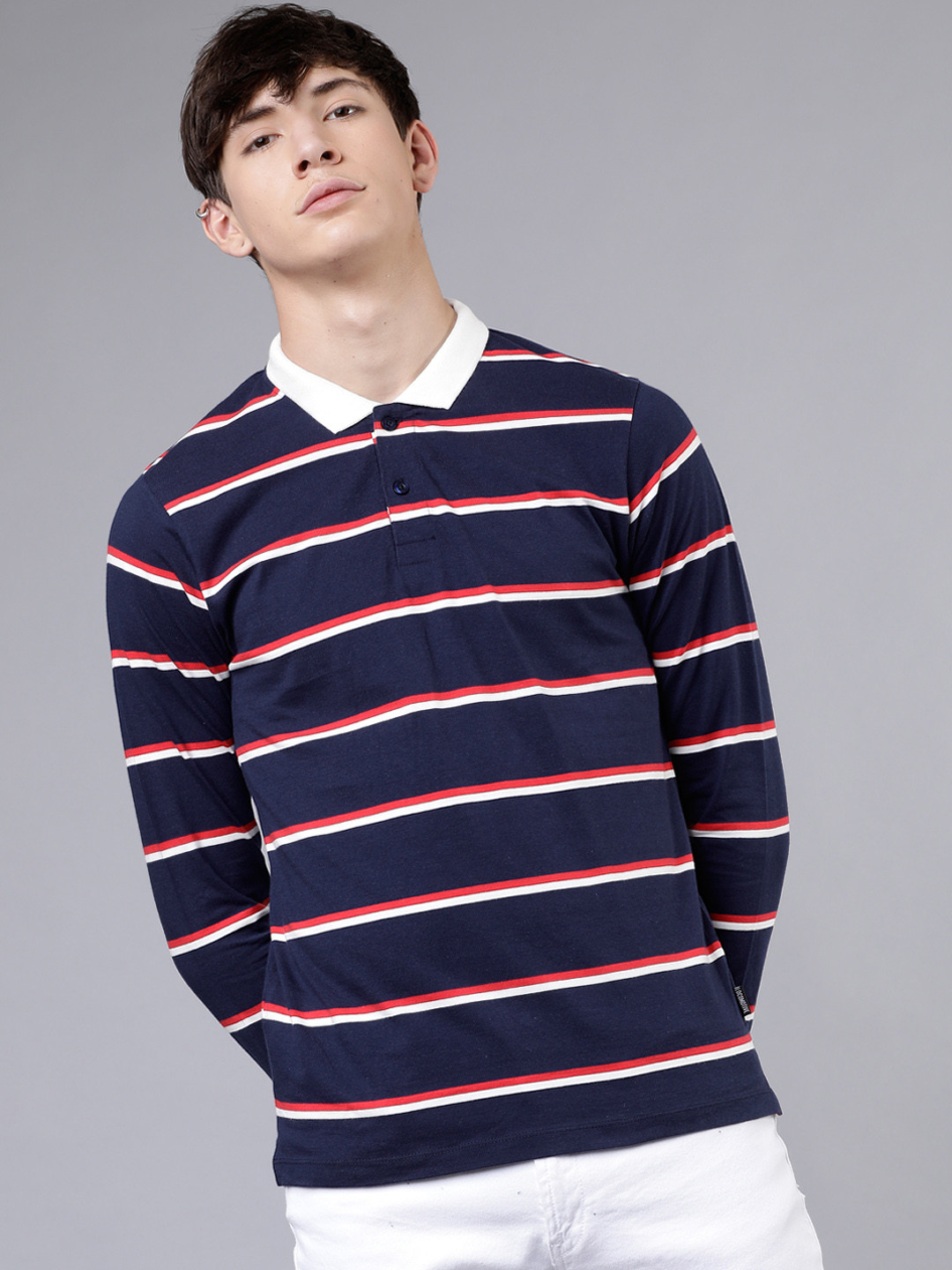 

LOCOMOTIVE Men Navy Blue & White Striped Polo Collar T-shirt