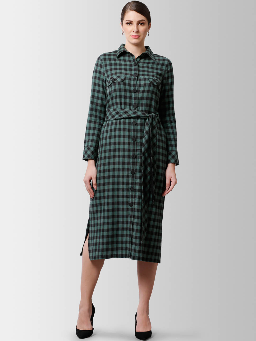 

FableStreet Women Checked Green & Black Shirt Dress