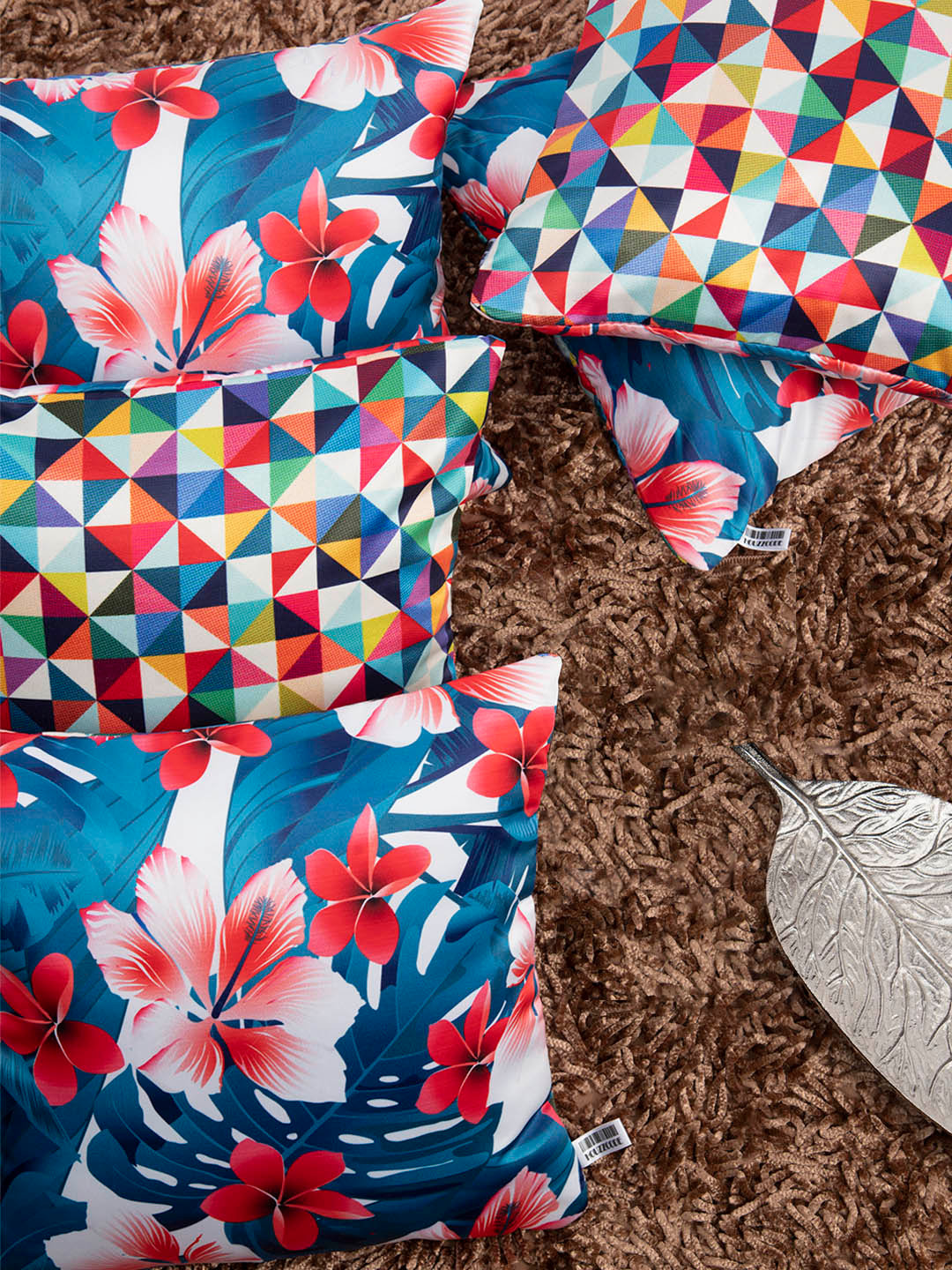 

HOUZZCODE Multicoloured Set of 5 Floral Square Cushion Covers, Multi