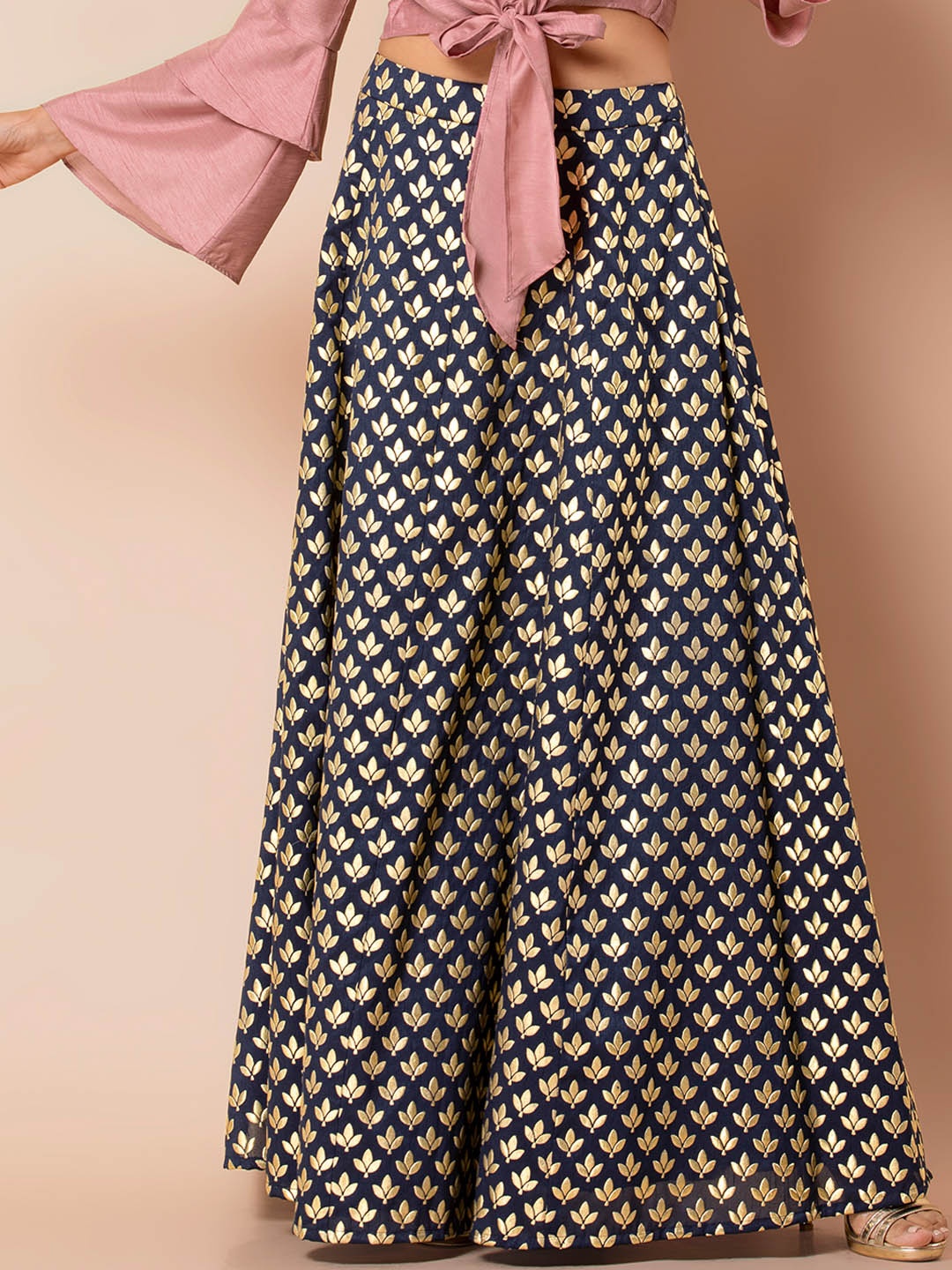 

INDYA Women Navy Blue & Gold-Toned Printed Flared Maxi Skirt