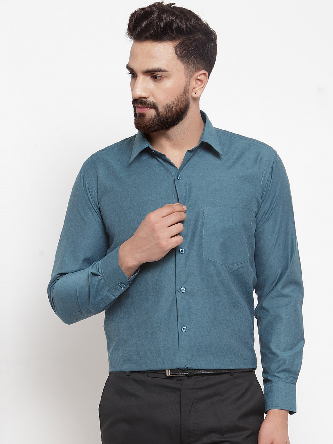 

English Navy Men Green Slim Fit Solid Formal Shirt