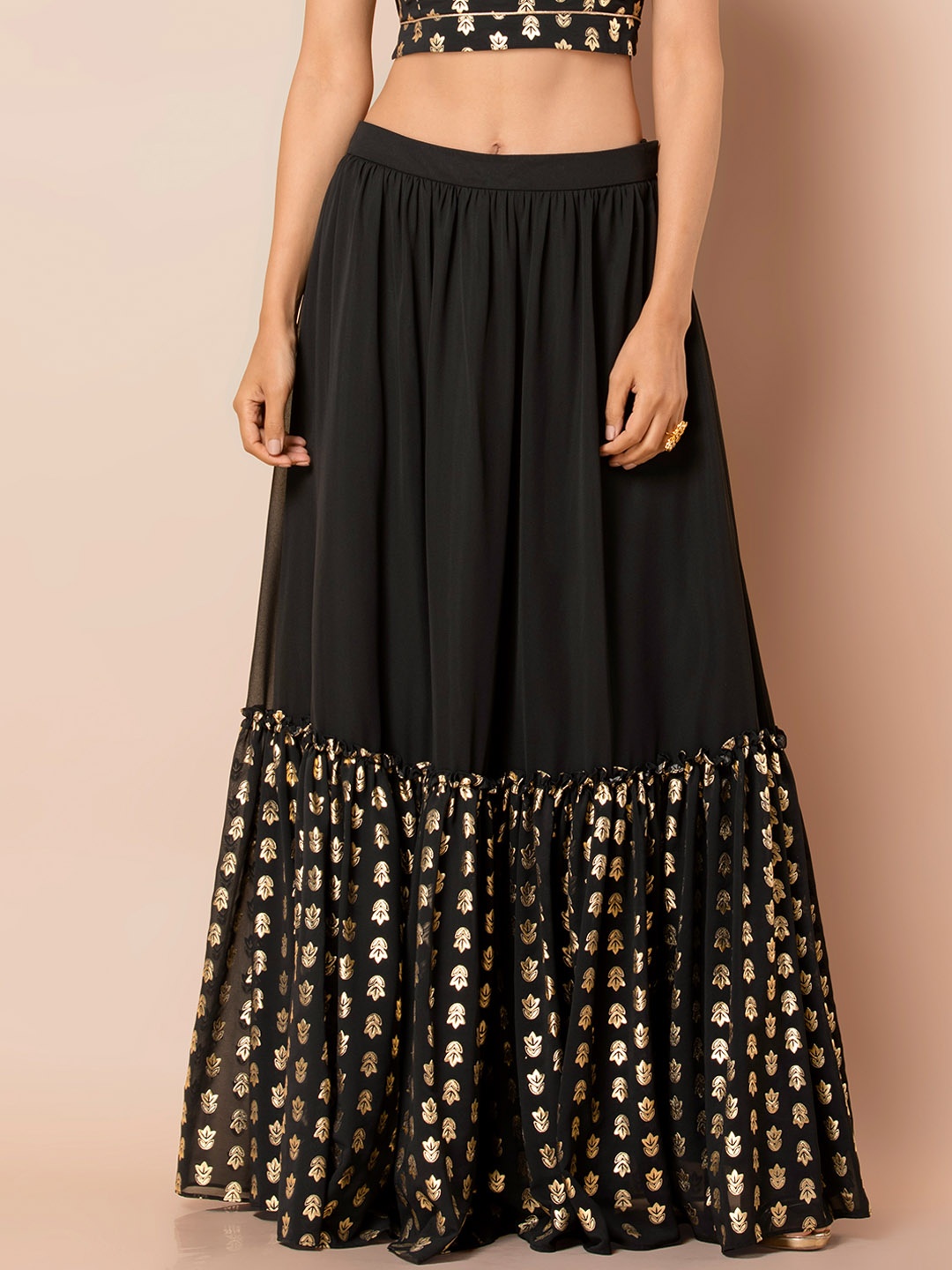 

INDYA Women Black Printed Tiered Maxi Skirt