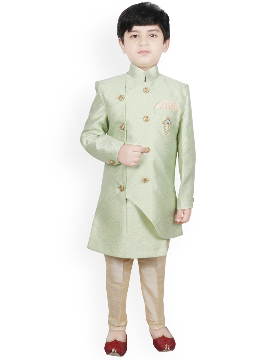 

SG YUVRAJ Boys Green & Beige Woven-Design Raw-Silk Sherwani