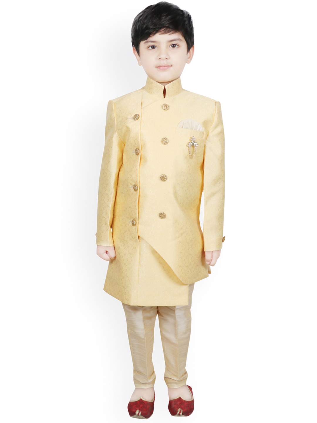 

SG YUVRAJ Boys Yellow & Beige Woven-Design Raw-Silk Sherwani