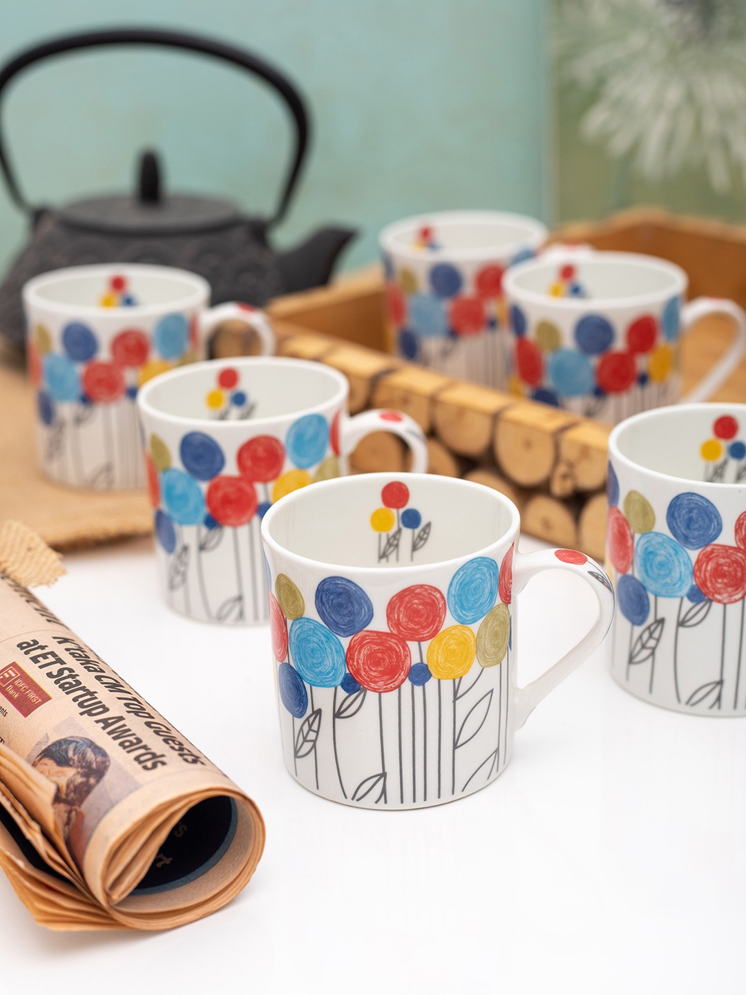 

GOODHOMES Multicoloured Set of 6 Bone China Printed Mug Set, Multi