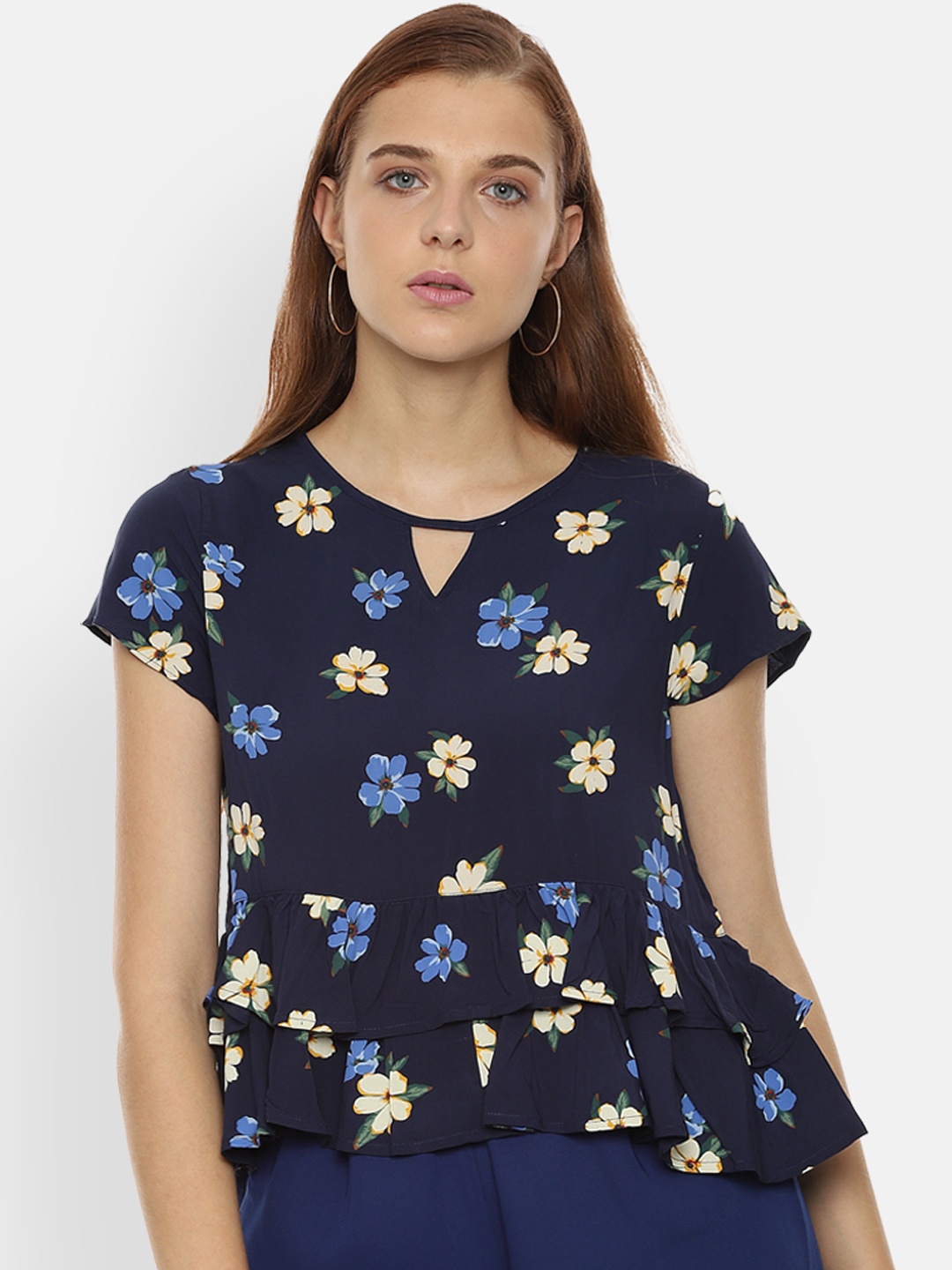 

Van Heusen Woman Women Navy Blue & Beige Printed Peplum Top