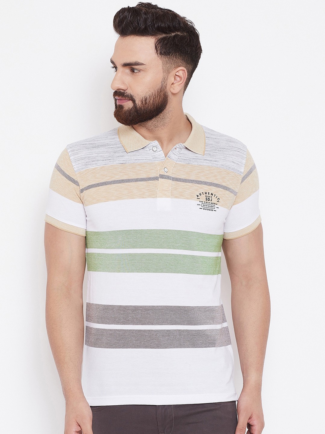 

Duke Men Brown Striped Polo Collar T-shirt