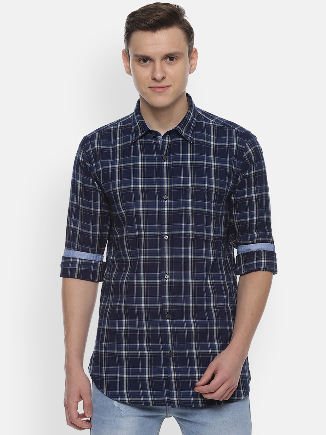 

Van Heusen Sport Men Navy Blue Slim Fit Checked Casual Shirt