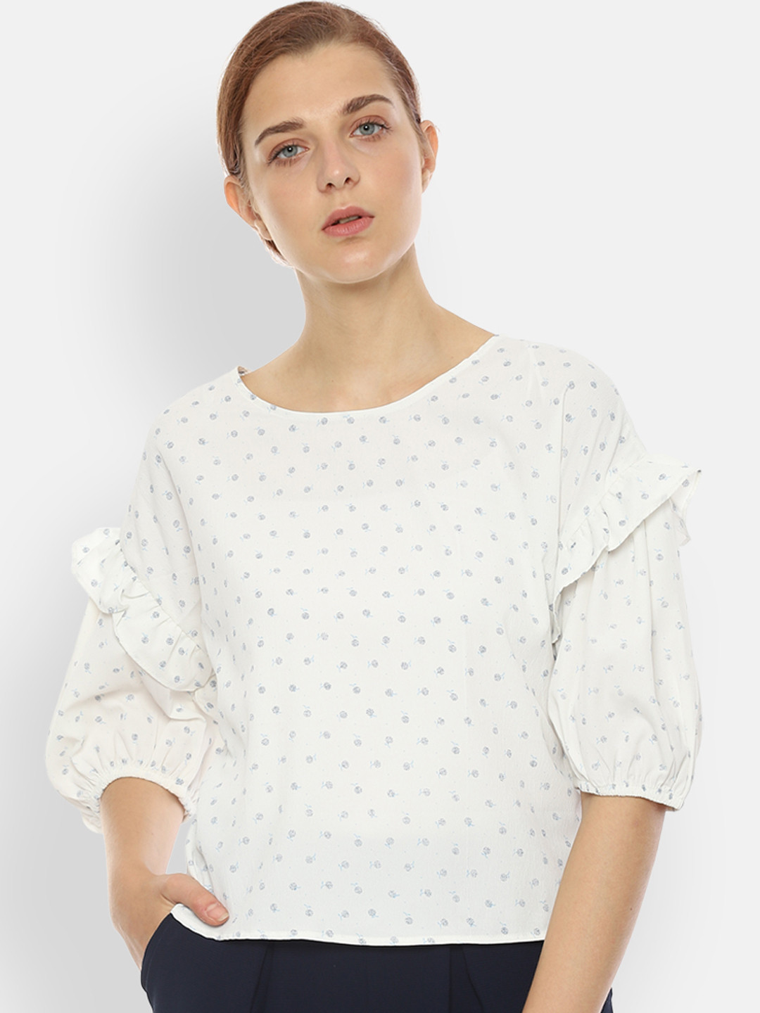 

Van Heusen Woman White & Blue Printed A-Line Top