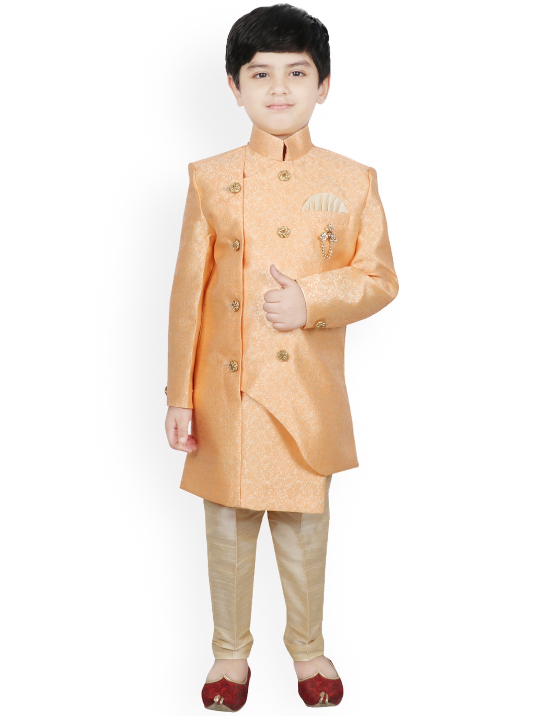 

SG YUVRAJ Boys Orange & Beige Woven-Design Raw-Silk Sherwani