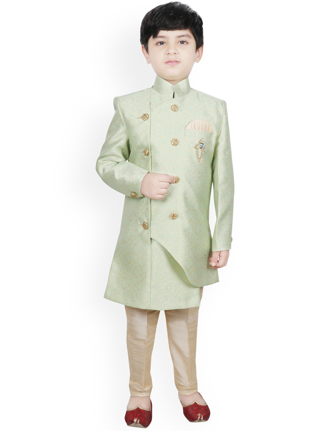 

SG YUVRAJ Boys Green & Beige Woven-Design Raw-Silk Sherwani