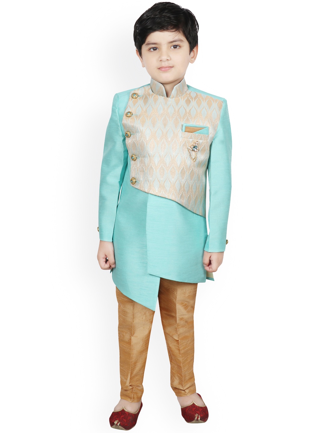 

SG YUVRAJ Boys Turquoise Blue & Gold-Coloured Woven-Design Silk Sherwani