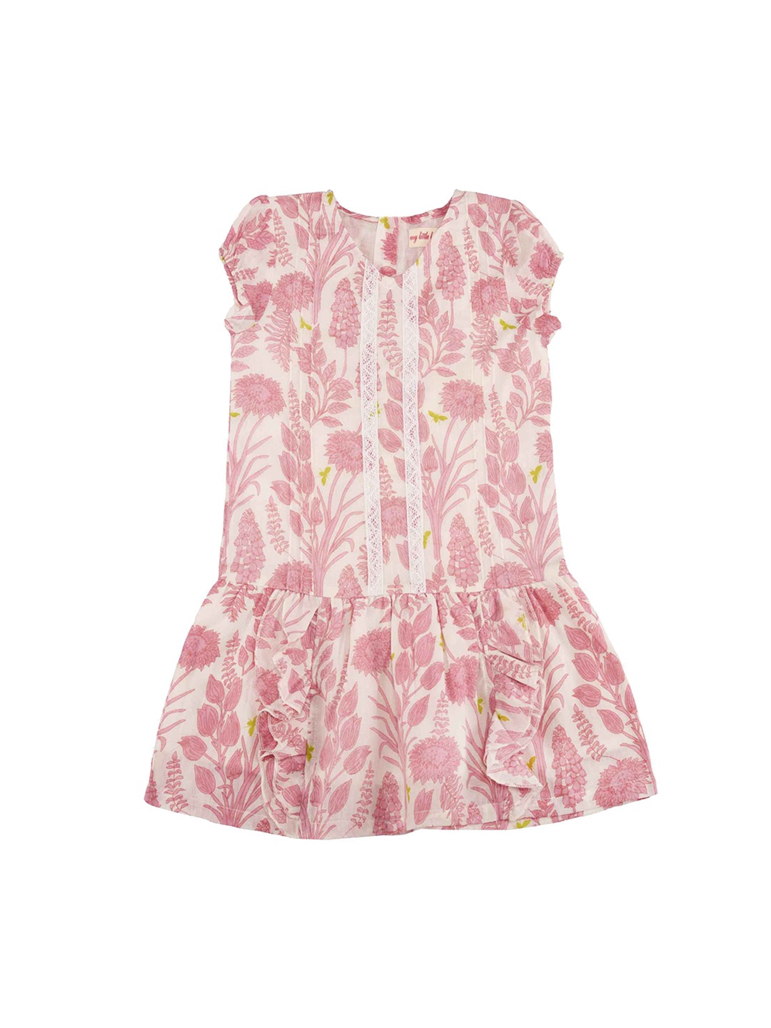 

My Little Lambs Girls Pink & Off-White Floral Print Drop-Waist Dress