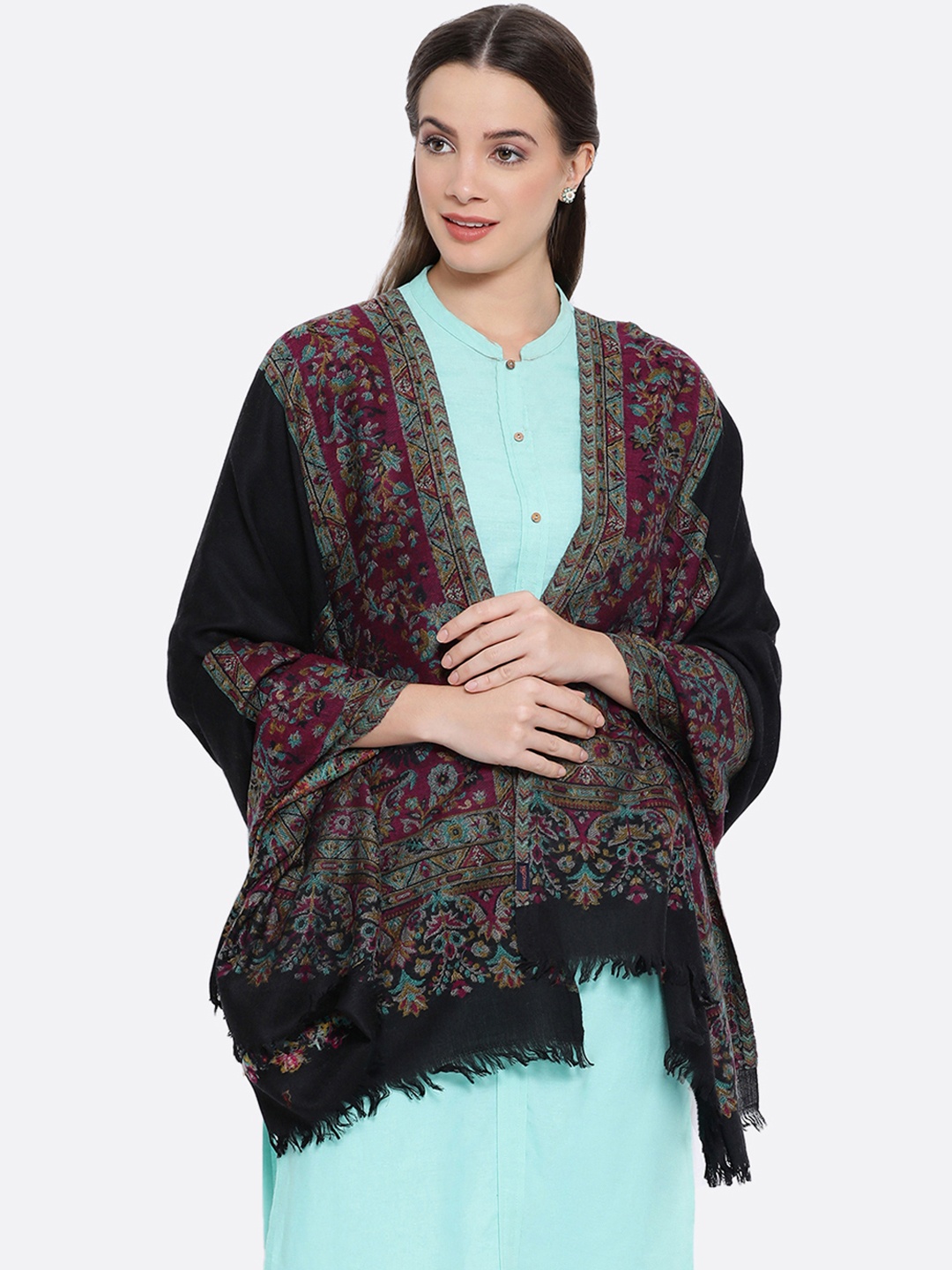 SHINGORA Women Black & Purple Woven Design Pure Woolen Shawl