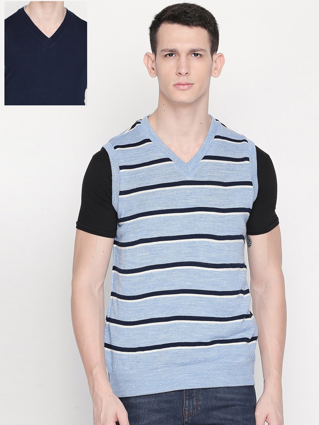 

BYFORD by Pantaloons Men Blue & Black Striped Sweater