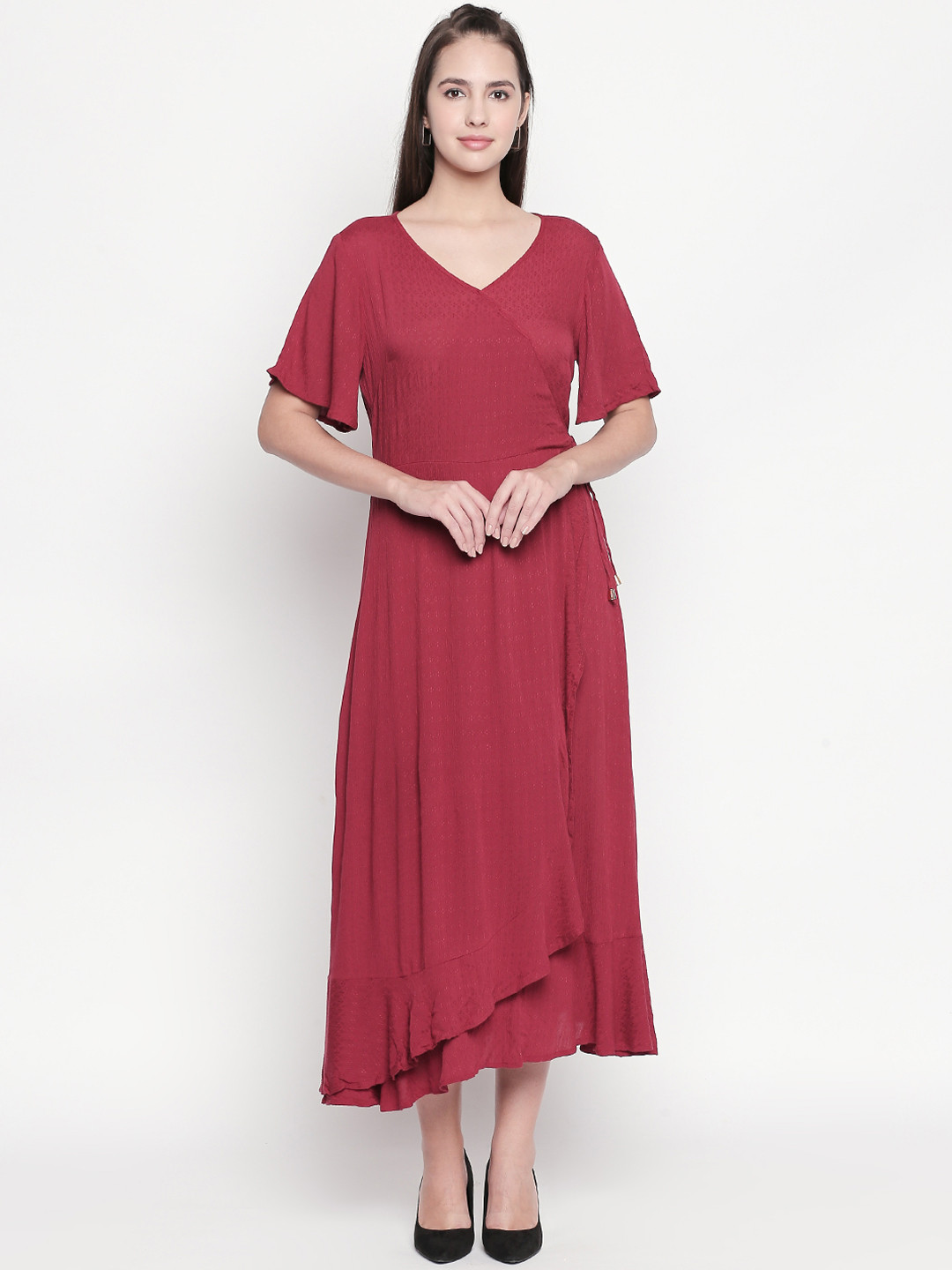 

Honey by Pantaloons Women Solid Maroon Wrap Dress