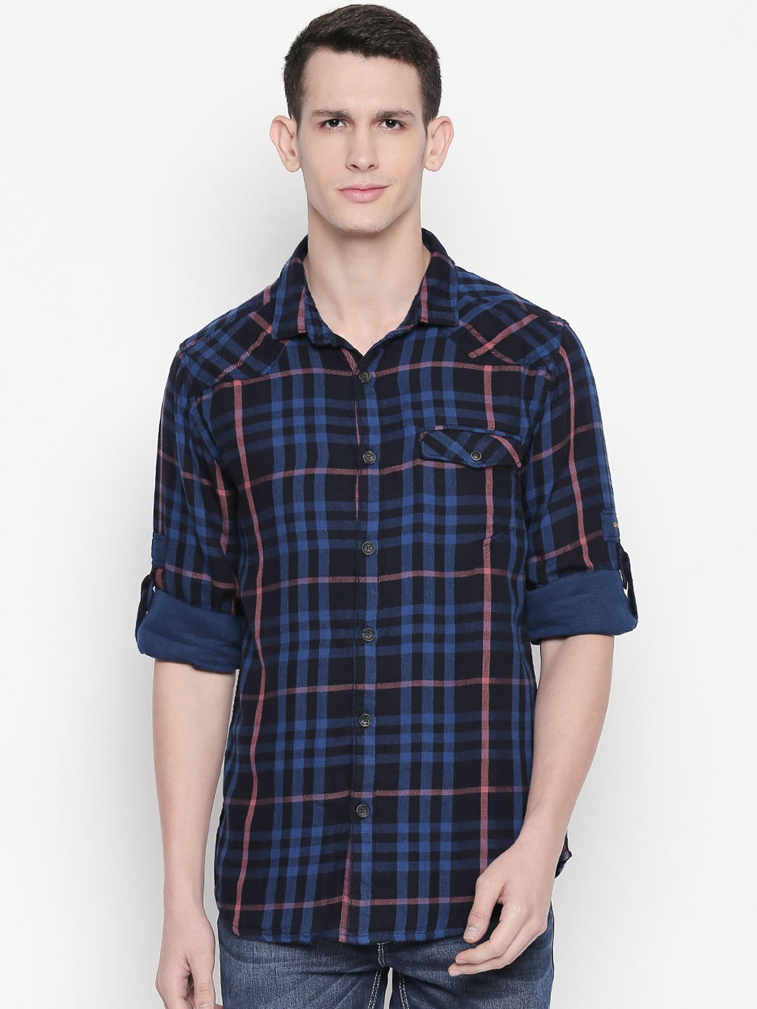 

SF JEANS by Pantaloons Men Navy Blue Slim Fit Checked Casual Shirt