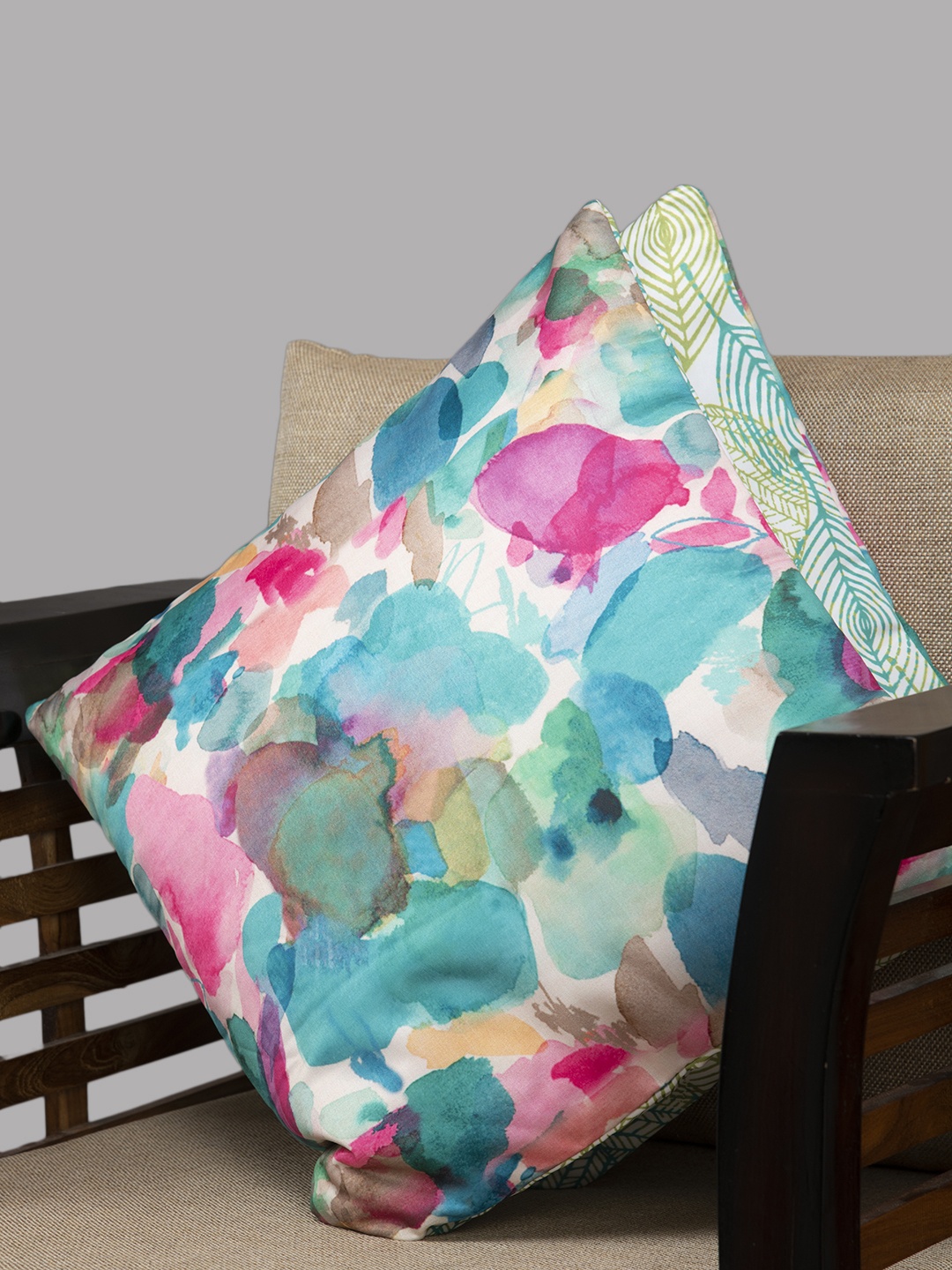 HOUZZCODE Off-White & Multicoloured Printed Set of 2 Floral Square Cushion Covers
