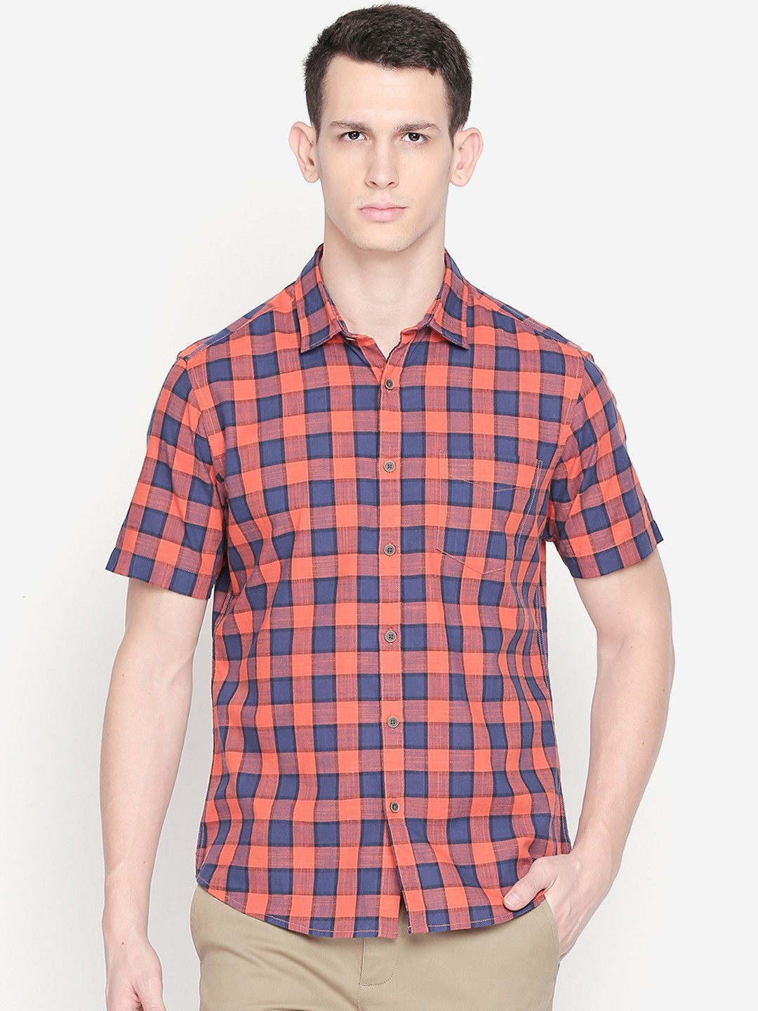 

BYFORD by Pantaloons Men Orange & Blue Slim Fit Checked Casual Shirt