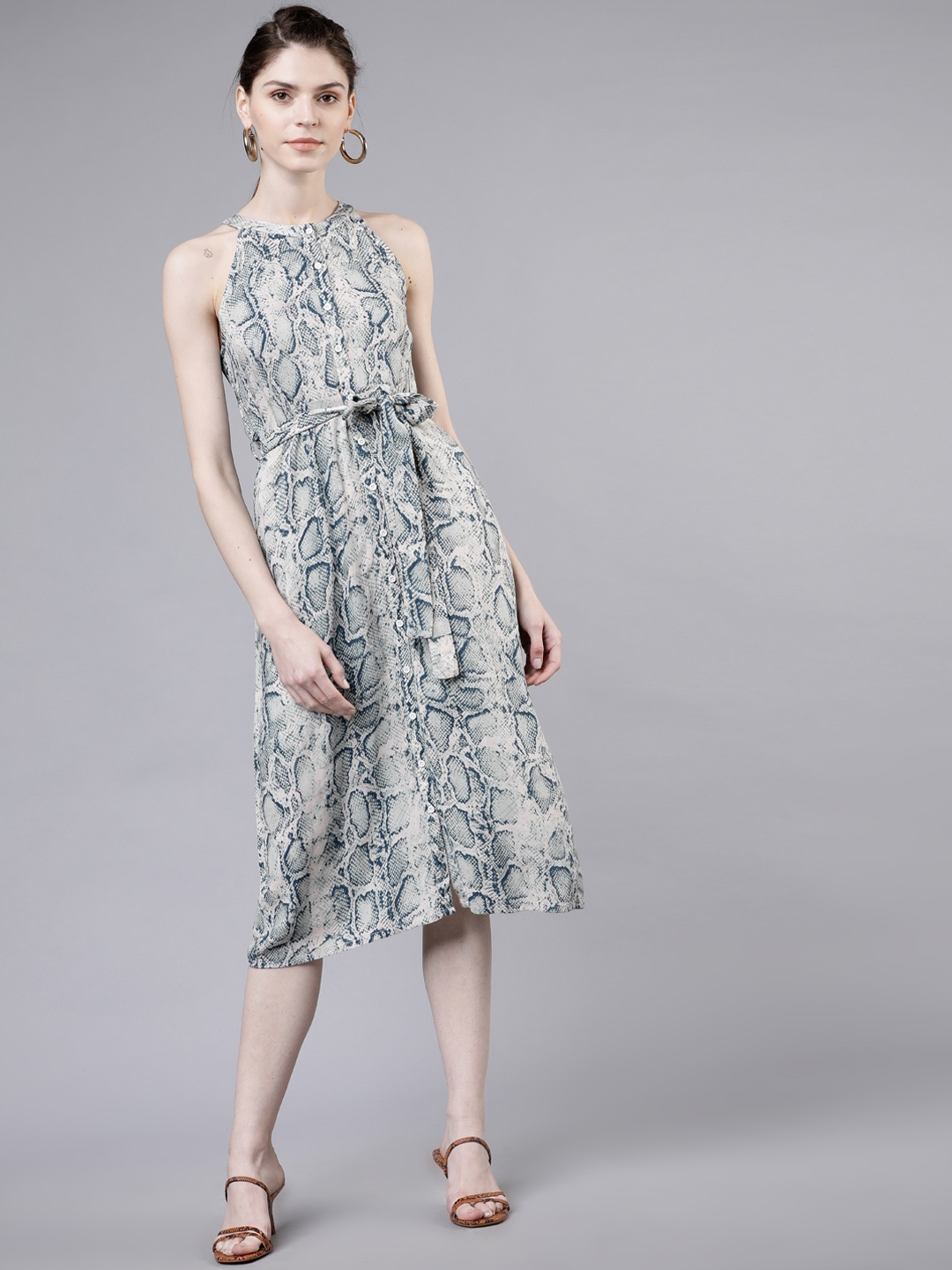 Tokyo Talkies Women Grey Printed Fit and Flare Dress