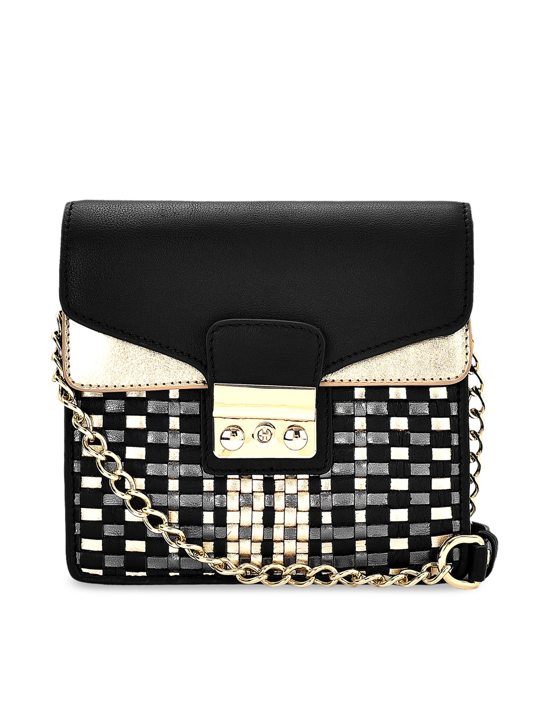 

Eske Women Black & Gold-Toned Colourblocked Sling Bag
