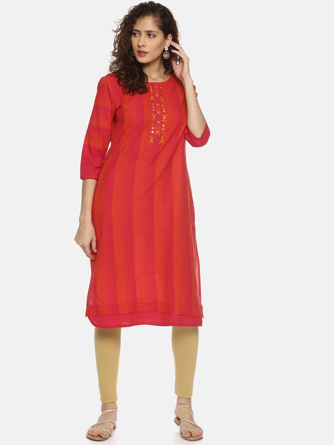 

La Bele Women Pink & Orange Striped Straight Kurta