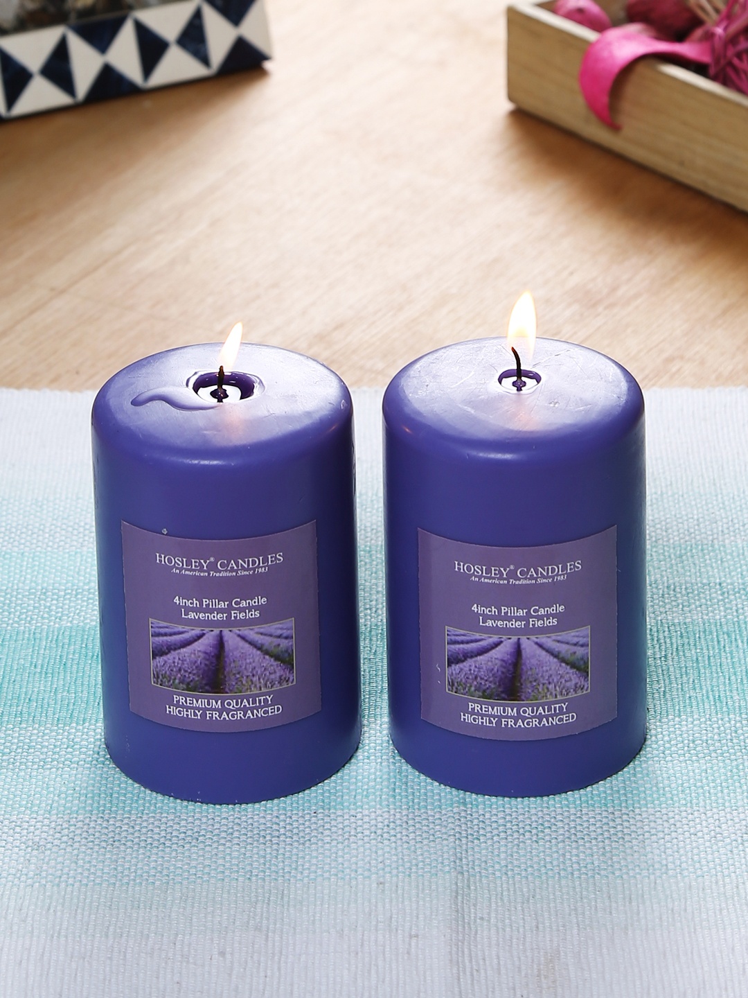 HOSLEY Set of 2 Purple Lavender Fields Fragranced Wax Pillar Candles