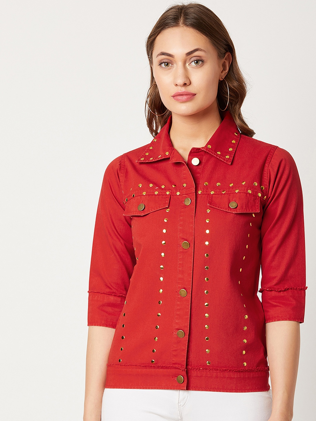 

Miss Chase Women Red Solid Denim Jacket