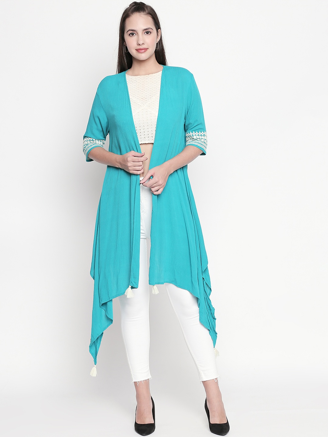 

AKKRITI BY PANTALOONS Women Teal Blue Solid Open Front Shrug
